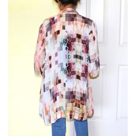APNY Burgundy Abstract Long women's Cardigan multicolor open frontKimono Size L? - Picture 4 of 16